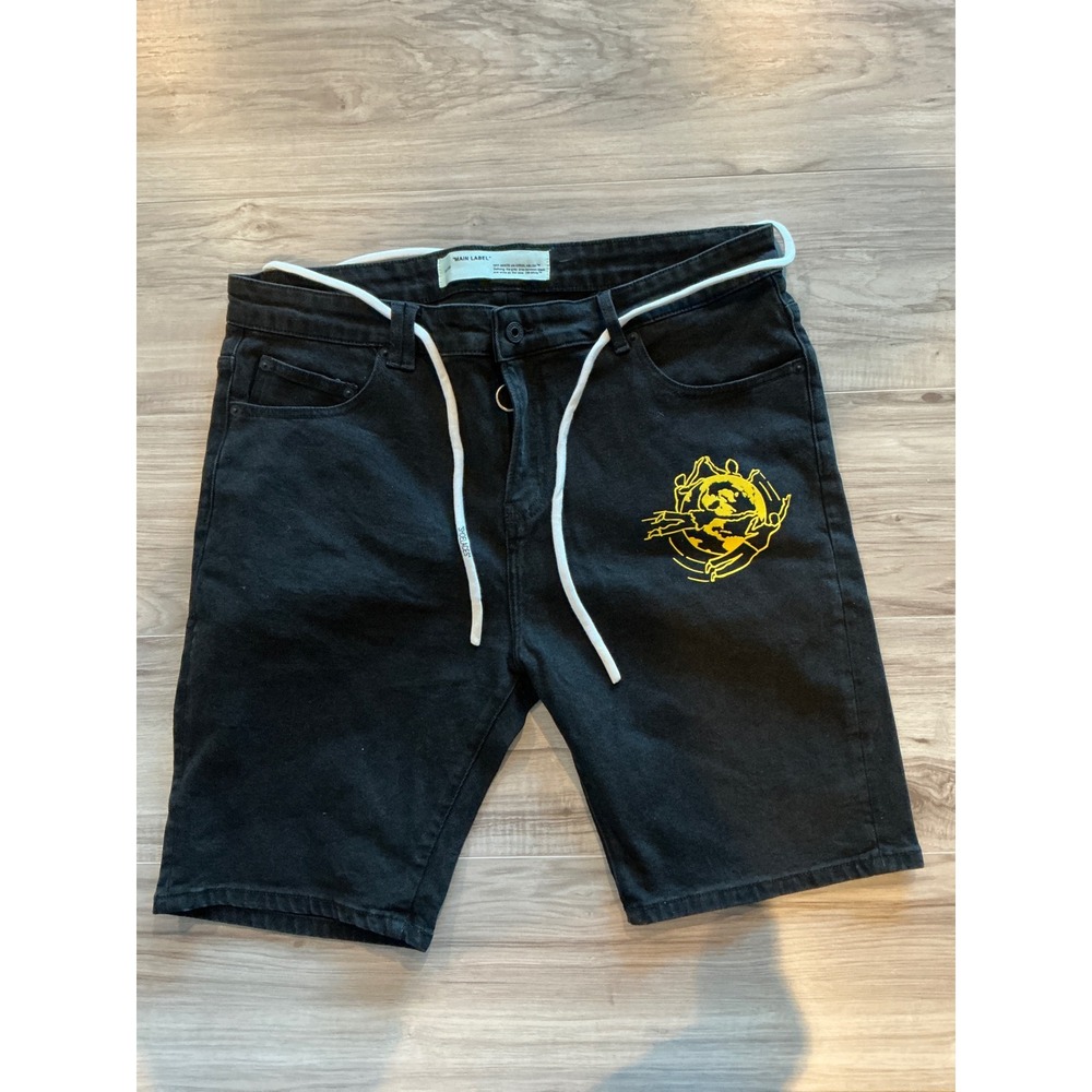 OFF WHITE Main Label Graphic Print Denim Shorts Black Size 36 NWT